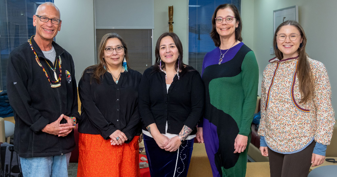 Alex McComber, Ann Deer, Sarah Konwahahawi Rourke, Marion Dove, and Aneeka Andersona at the Haudenosaunee Ceremony of Midwinter