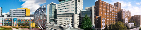 Exterior views of the three main hospital sites affiliated with McGill’s Division of Hematology: the Glen site of the McGill University Health Centre (MUHC), the Jewish General Hospital (JGH), and St. Mary’s Hospital Center (SMHC).