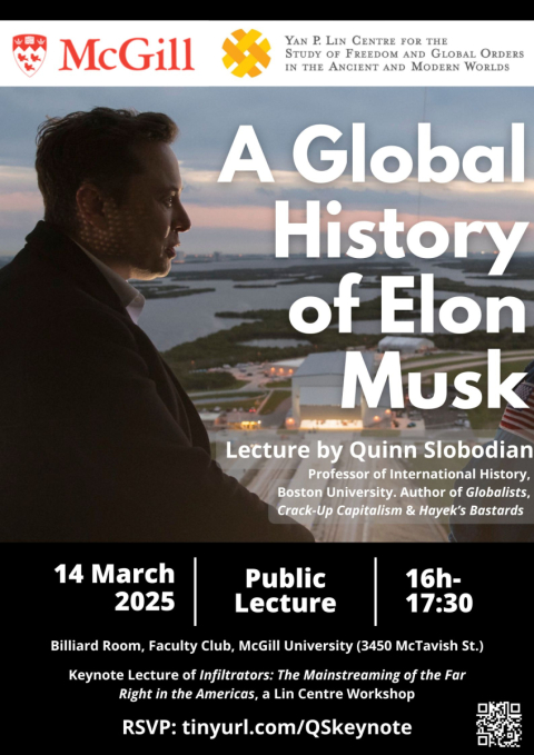 Poster with event details and photo of Elon Musk at Space X. 