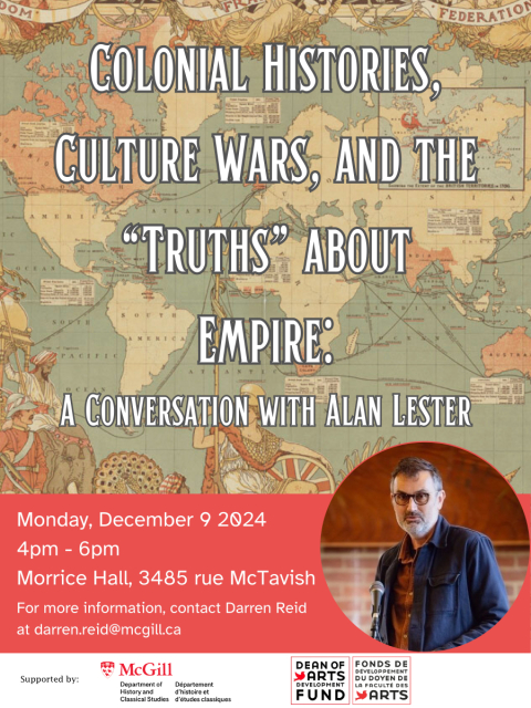 Poster with event details and photo of presenter, with historical map.