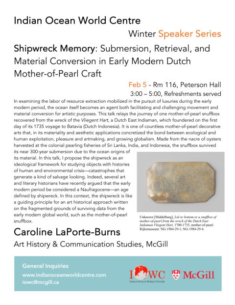 Poster with event details and photo of engraved mother-pf-pearl snuff box from early 18th century. 