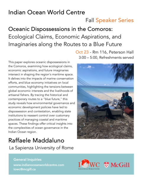 Poster with event details and photo of men on a beach. 