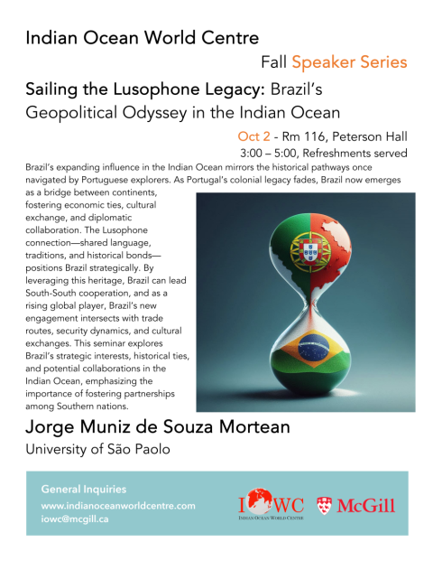 Poster with event details and image of sand timer with flags. 