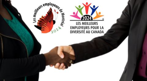 Deux personnes se serrant la main, avec le logo du meilleur employeur de Montréal et du meilleur employeur pour la diversité au Canada en arrière-plan