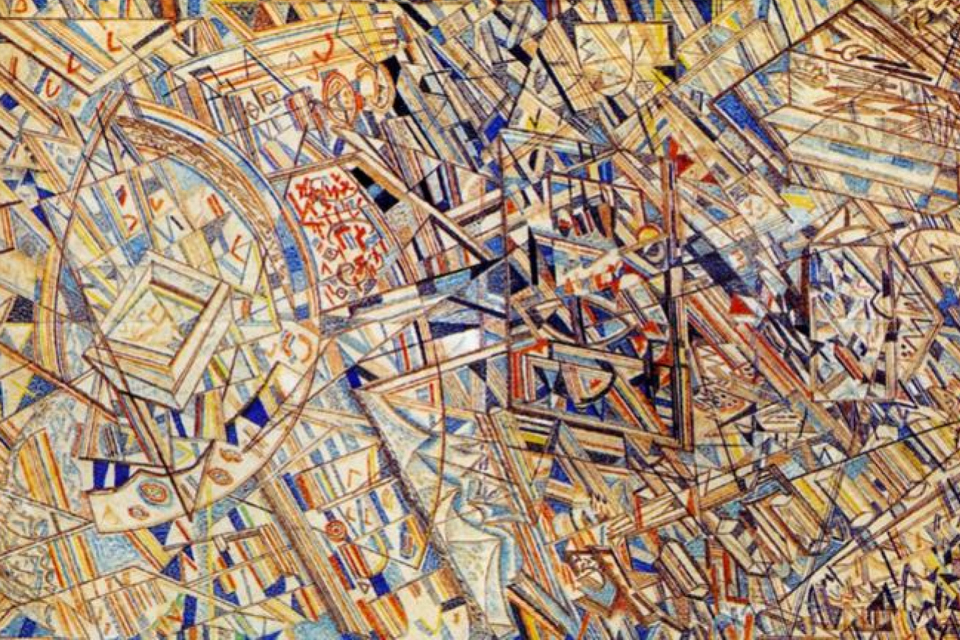 Detail of painting "Formula of the Universe" (1920-1922) by Pavel Filonov (rotated counter clockwise)