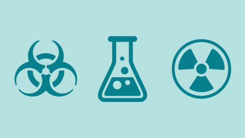 three icons representing biomedical waste, chemical waste and radioactive waste