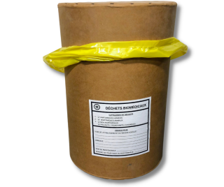 Cylinder shaped fiber drum with a yellow bag and a label
