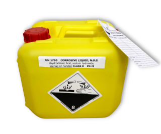 Yellow jerry can-like container with a handle and a red cap. Two stickers are attached as well as a label to be filled in.
