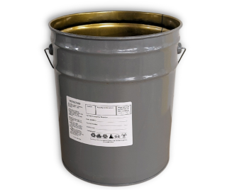 Grey steel pail with a label sticker, for radioactive waste