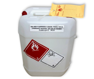 White jerry can-like container with a red cap, stickers and a label to be filled in.
