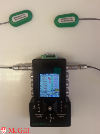 picture of the biometics datalogger with 2 EMG electrodes