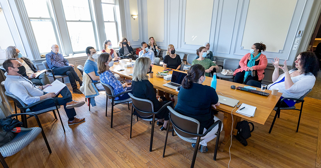 Members of the Institute of Health Sciences Education meeting in a bright, open room at Lady Meredith House.