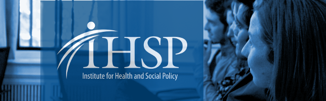 Students with white Institute for Health and Social Policy logo