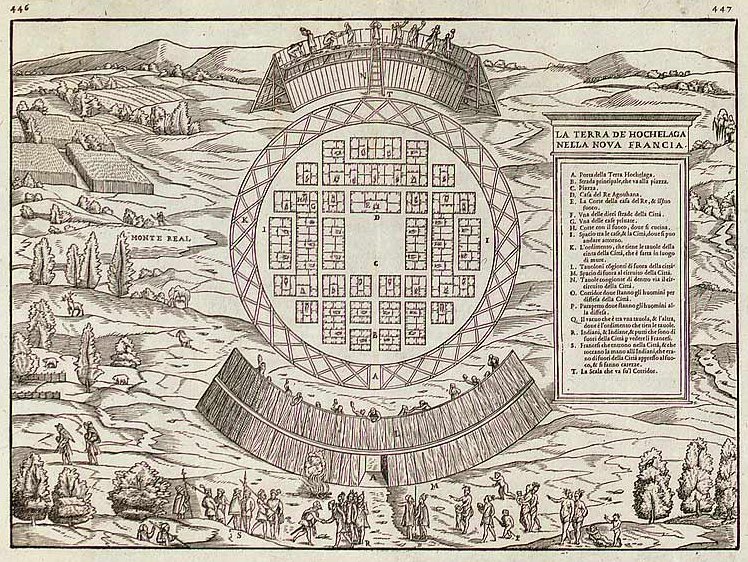 A historical map of the village of Hochelaga, which was located near the mountain now known as Mont Royal. 