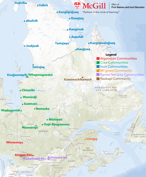 A map depicting communities who have partnered with the Office of First Nations and Inuit Education. 