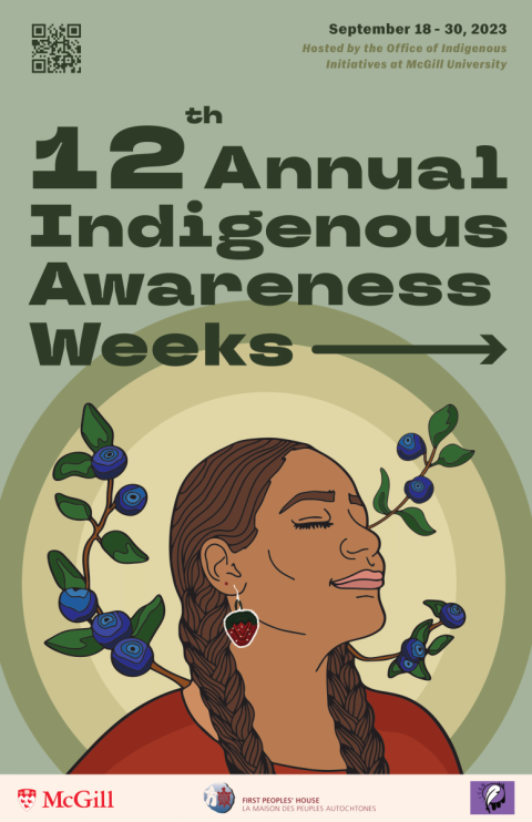 Green Indigenous Awareness Weeks showing a woman with braids and strawberry earrings looking into the distance, smiling