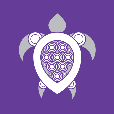 A white turtle symbol against a purple background