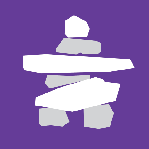 A white inuksuk symbol against a purple background