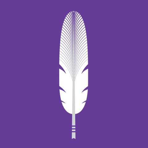 A white feather symbol against a purple background