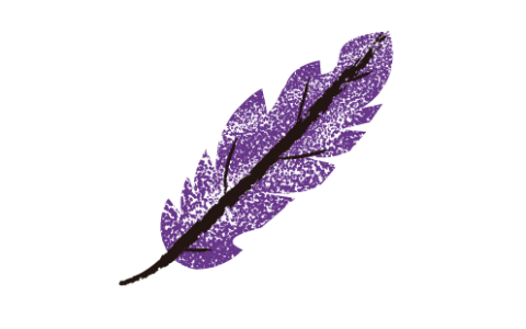 A drawing of a purple and black feather against a white background