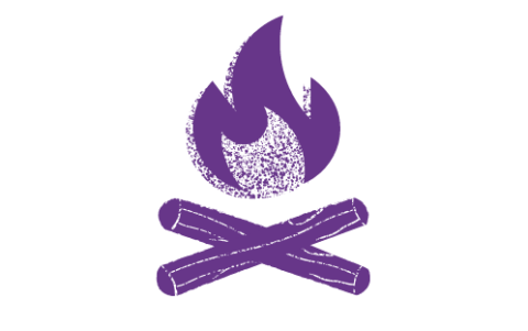 A drawing of a purple campfire with a flame and two logs on a white background