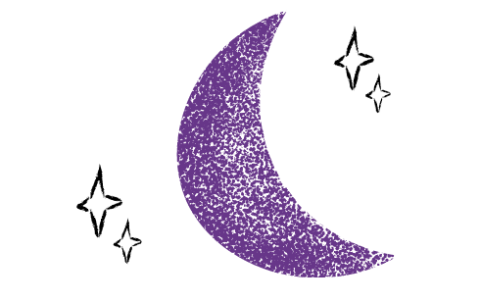 A drawing of a purple moon and stars against a white background