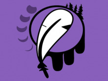 Purple logo featuring a white feather surrounded by a sun and moons