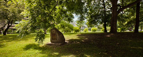 The Hochelaga rock on McGill campus. A large grey rock with a plaque sits on the grass under a tree.