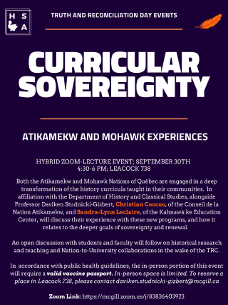 The poster for the Curricular Sovereignty event, featuring an orange feather on a purple background. 