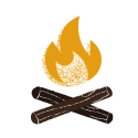 A drawing of a campfire, featuring an orange flame over two brown logs. 