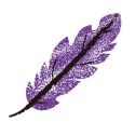A drawing of a purple feather on a white background. 