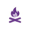 A purple graphic of a campfire with a flame and two logs