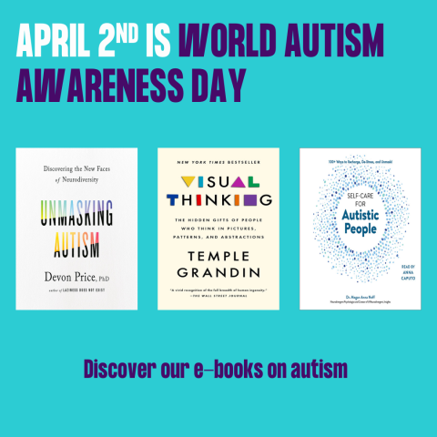 graphic with text saying "April 2nd is World Autism Day" and showing three book covers from the ebook collection