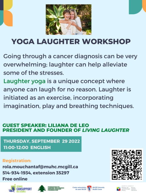 A poster advertising a yoga laughter workshop hosted by Cedars CanSupport on September 29 2022.