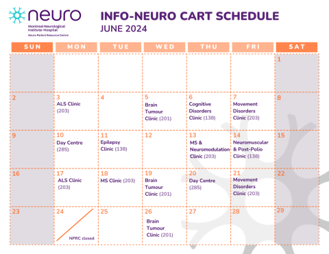 Calendar showing dates of individual clinics where the Info-neuro cart containing resources will be brought