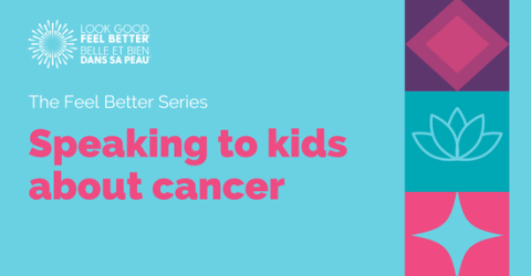 Graphic with the LGFB Organization logo and text saying The Feel Better Series, Speaking to kids about cancer