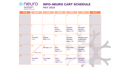 Calendar showing dates of clinics where info-cart resources will be brought (usually mid-morning)