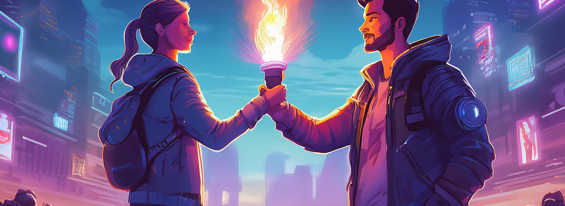 A woman passing a torch to a man in a futuristic setting