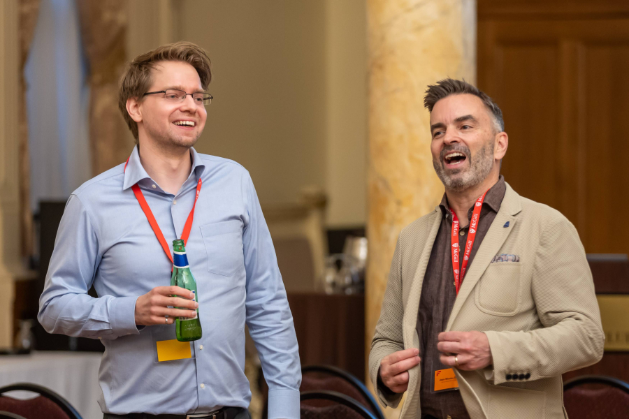 Two men laughing