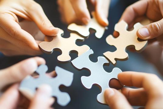Many hands holding interlocking puzzle pieces
