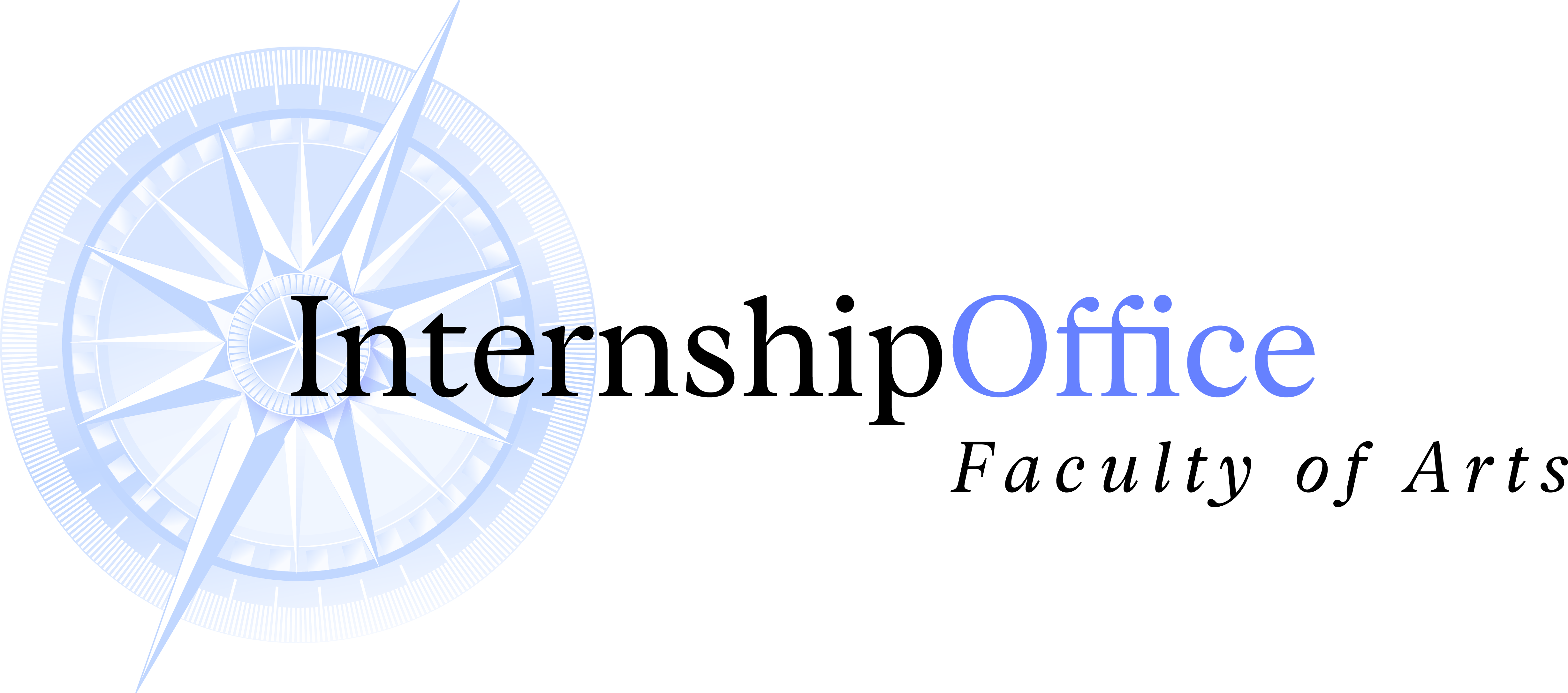 A logo of the Arts Internship Office, showing a blue compass in the background, and text in the forefront saying "Internship Office, Faculty of Arts"
