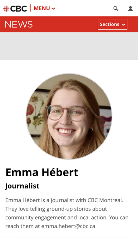 Emma Hebert shown on a CBC article, with the title "Emma Hébert, Journalist"