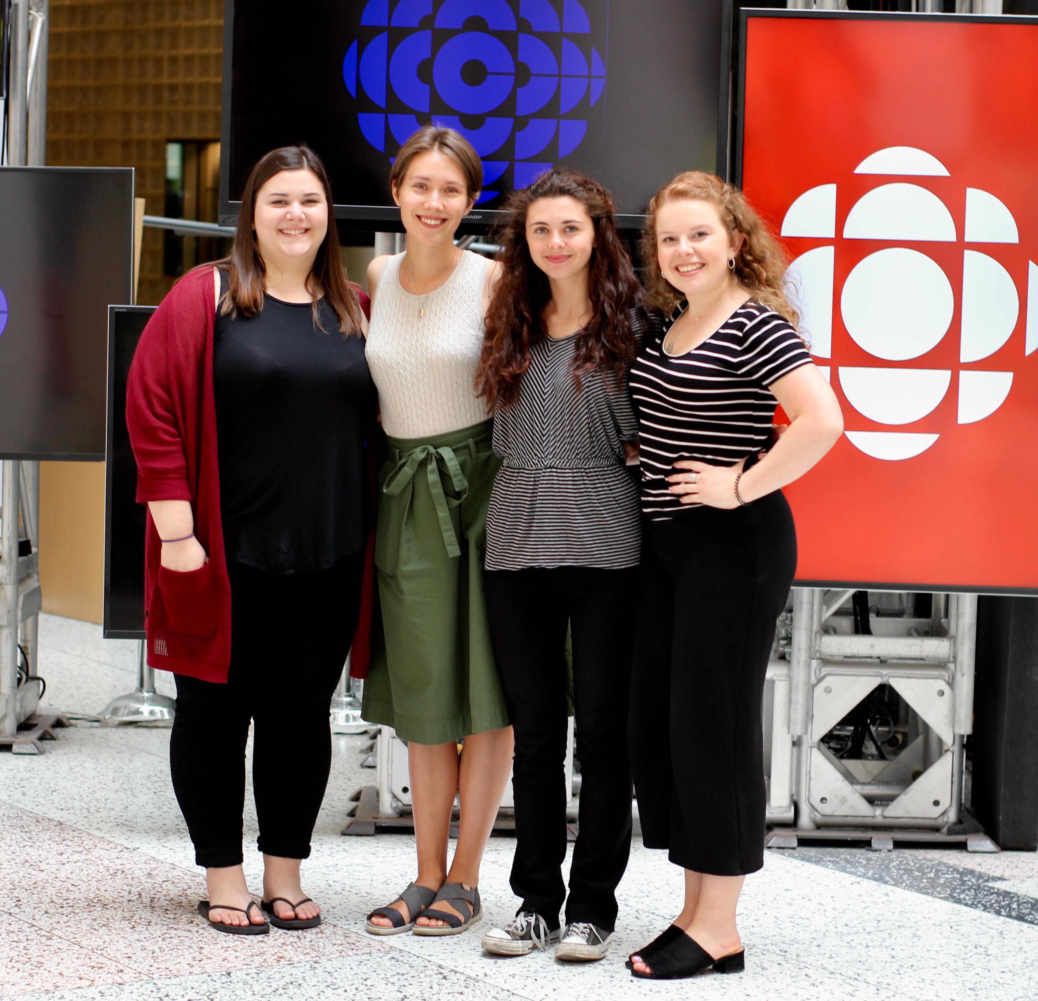 Kateryna Gordiychuk (second from left) attending the concluding week of training at CBC Toronto with other Gzowski interns from Toronto, St. John, and Vancouver. The interns were producing a Gzowski episode the entire week. (Photo credit: Nicky Davis)