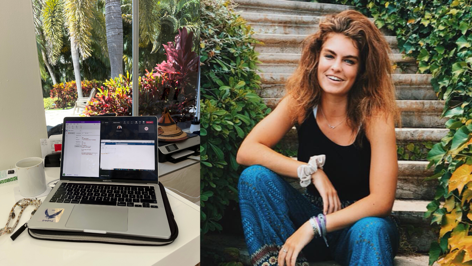 On the left, Chloe's computer and work set up. On the right, Chloe sitting on stairs