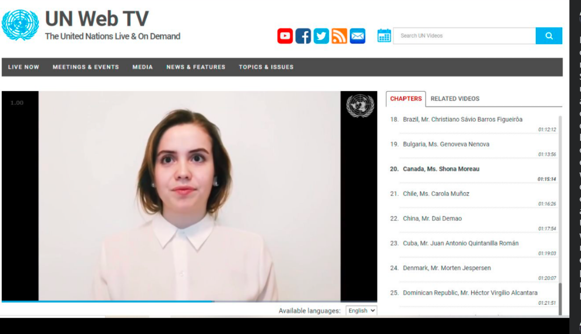 Computer screen showing UN Web TV website, featuring a headshot of Shona