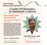 Poster of Event on September 27: Queer Friendly Mosques, by lecturer Garrett Kiriakos- Fugate