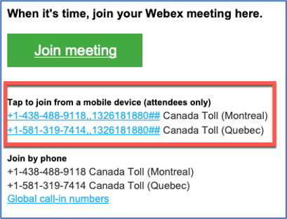 A "call-in" from landline or cell phone option is available in Webex. A similar feature exists in MS Teams.