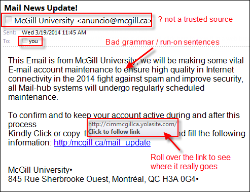 It Security Alerts And Service Status It Services Mcgill University Phishing Awareness Email Template