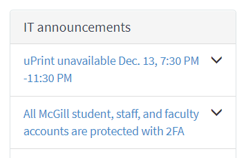 Screenshot of IT Support site announcements widget