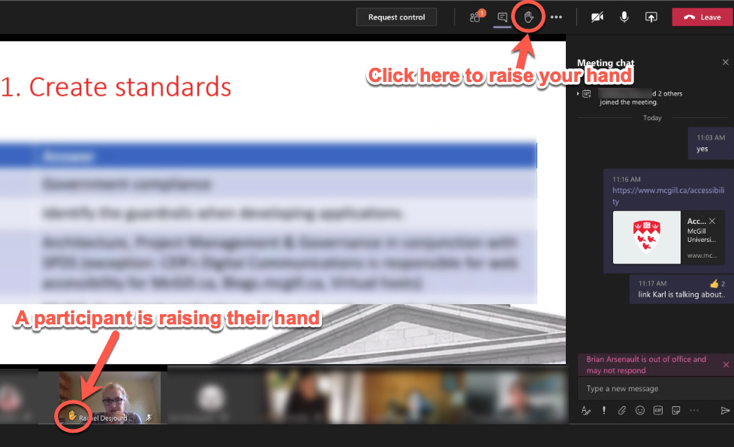 "Raise your hand" feature in MS Teams. A similar feature is available in Webex.